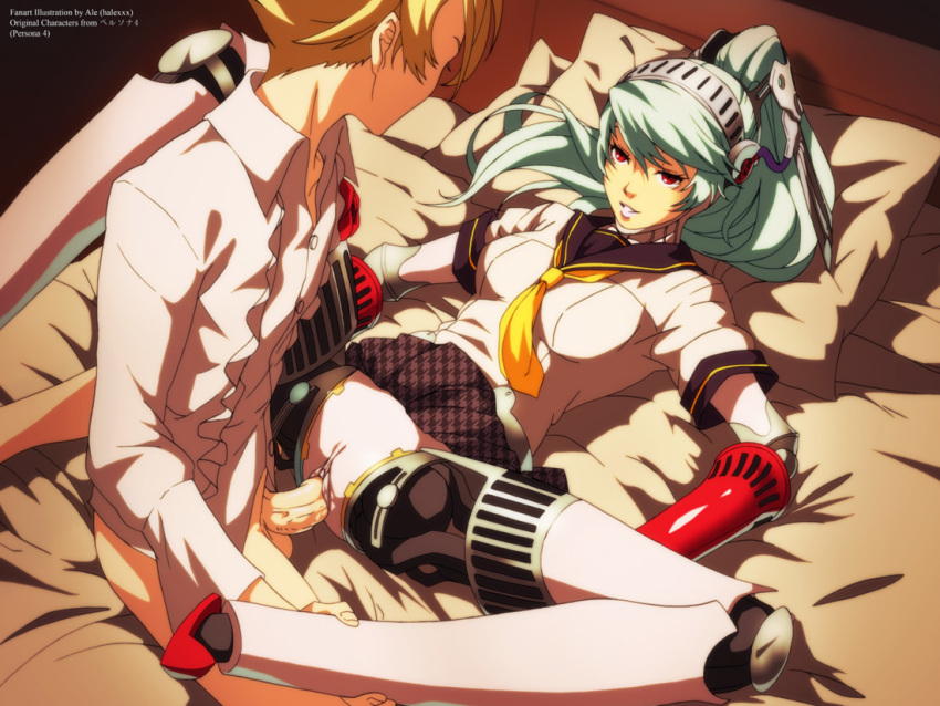 1boy ale_(ale_halexxx) aqua_hair bed clothed_sex female joints kuma_(persona_4) labrys looking_at_another lying on_back parted_lips persona persona_4 persona_4:_the_ultimate_in_mayonaka_arena pussy red_eyes robot robot_joints sailor_collar school_uniform sex skirt smile spread_legs straight teddie uncensored vaginal_penetration yasogami_school_uniform