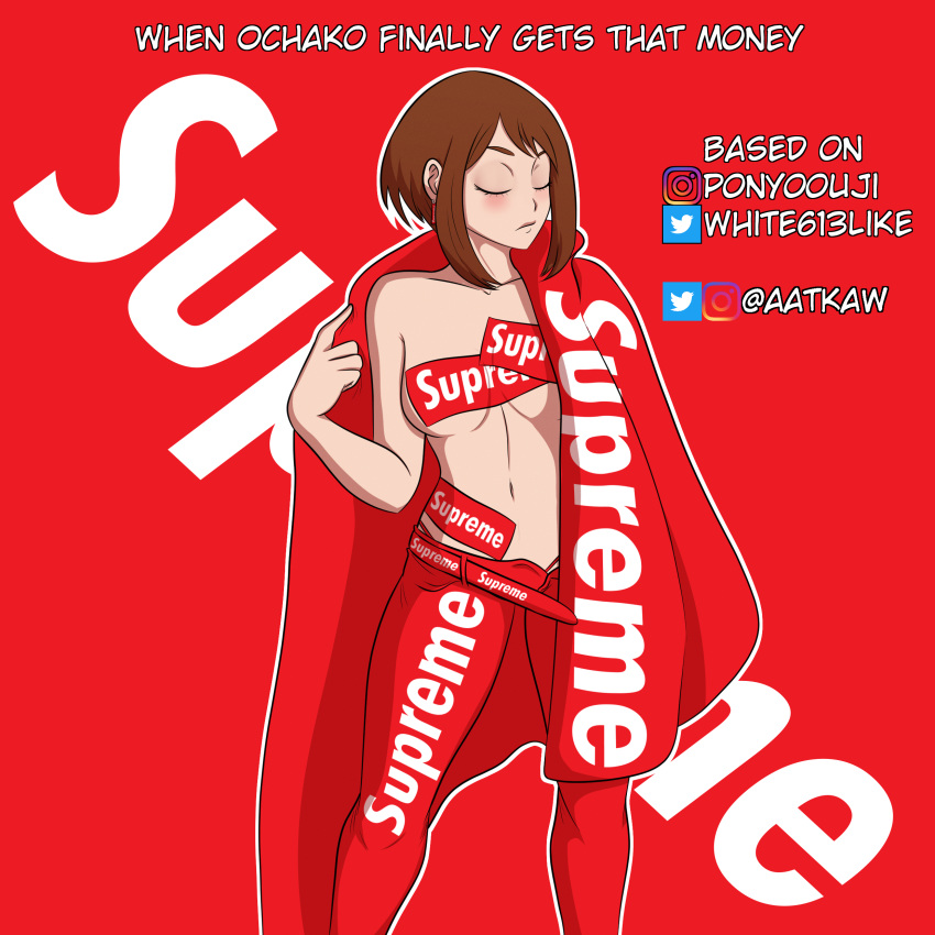 1girls aatkaw breasts female_only midriff my_hero_academia navel ochako_uraraka solo solo_female sticker supreme tagme