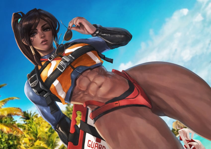 1girls abs alternate_costume dark-skinned_female dark_skin female female_only lifeguard_pharah monorirogue muscles muscular muscular_female overwatch pharah solo thick_thighs wide_hips