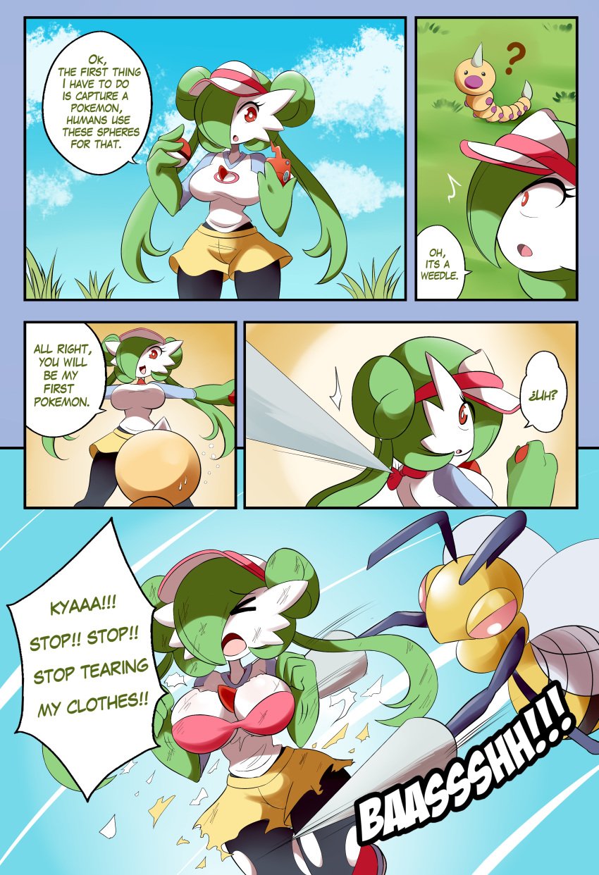 1girls beedrill bra clothing comic female game_freak gardei_(lucyfercomic) gardevoir hat long_hair lucyfercomic nintendo open_mouth original_character pink_bra pokémon_(species) pokemon pokemon_(species) pokemon_rse shirt skirt text torn_clothes weedle yellow_skirt