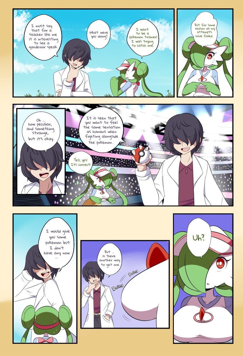 big_breasts comic female game_freak gardei_(lucyfercomic) gardevoir hat lucyfercomic nintendo original_character pokémon_(species) pokemon pokemon_(species) pokemon_rse tagme text the_professor_(lucyfercomic)