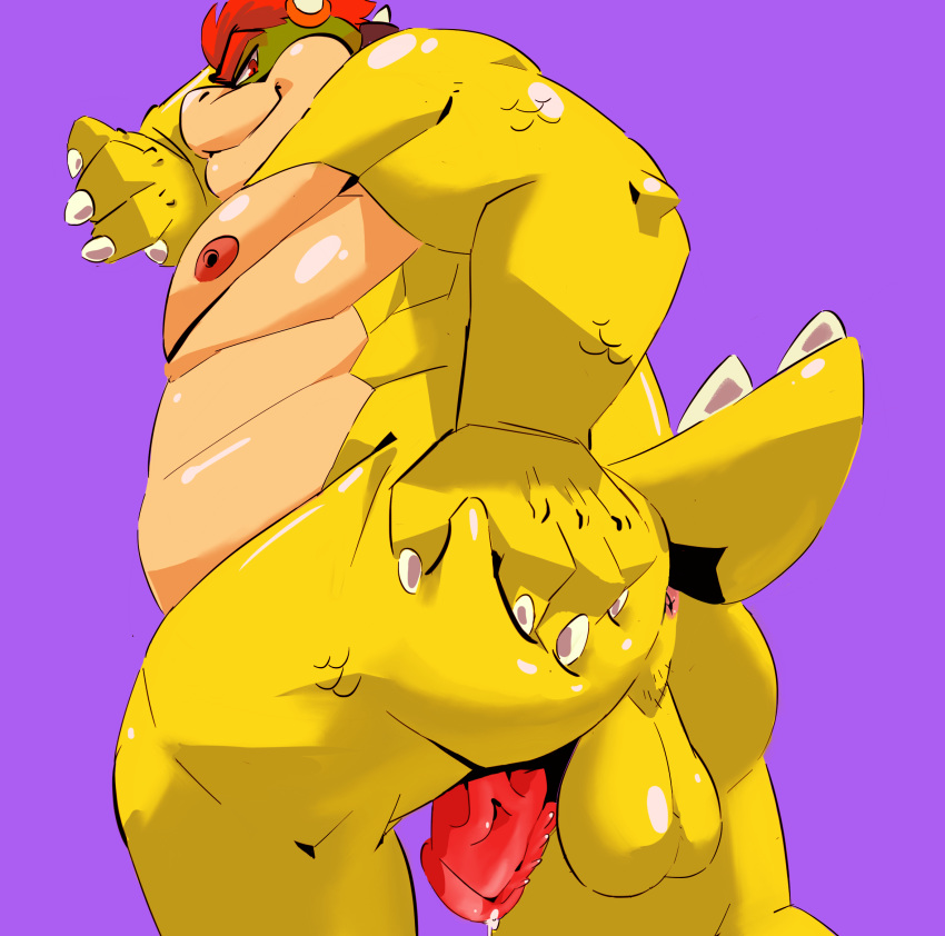 against_wall anthro anus ass balls bodily_fluids bowser burrnie genital_fluids genitals hi_res koopa looking_at_viewer looking_back low-angle_view male male_only mario_(series) nintendo nipples nude penis precum scalie solo video_games