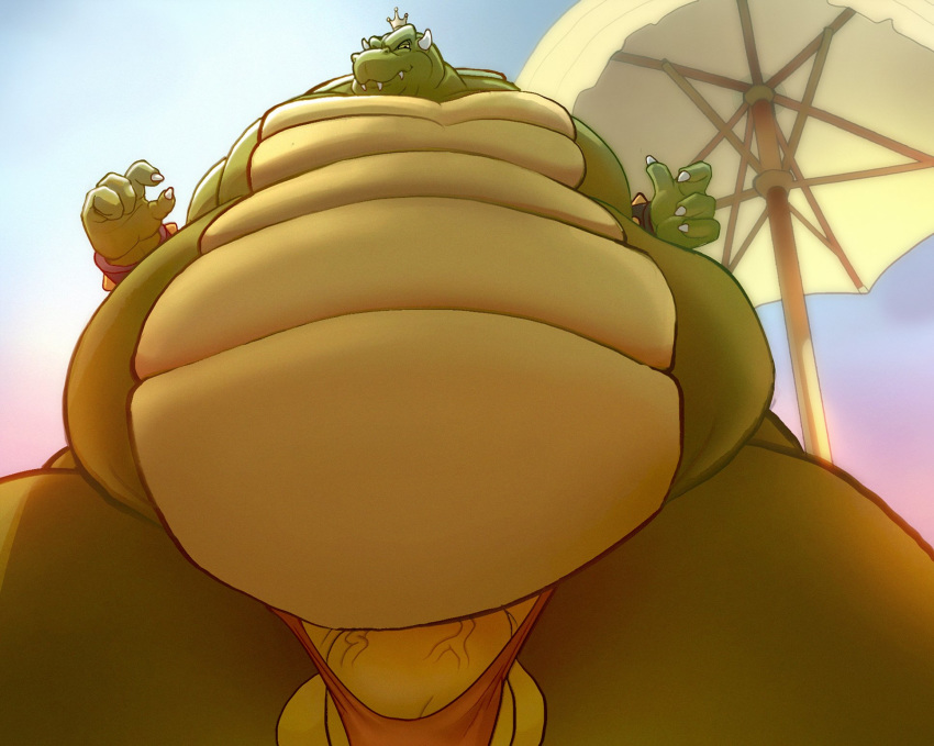 anthro balls bowser clothing genitals hi_res king_koopa koopa looking_at_viewer low-angle_view male male_only mario_(series) nintendo overweight overweight_anthro overweight_male penis scalie solo steen the_super_mario_bros._super_show! thong underwear video_games