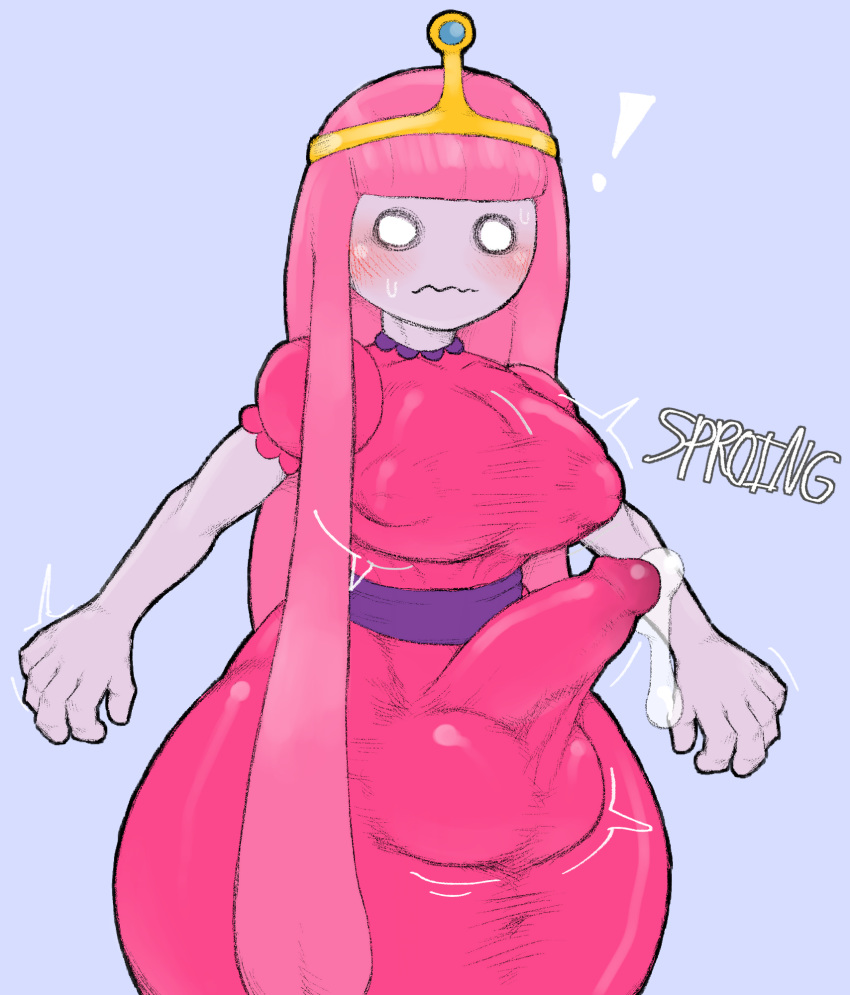 ! 1futa :s adventure_time areolae bulge clothed clothing dress embarrassed erection erection_under_clothes erection_under_dress fully_clothed futa_only futanari huge_balls huge_breasts huge_cock humanoid humanoid_penis hyper nipples pink_hair precum precum_drip princess_bubblegum sideebi surprised