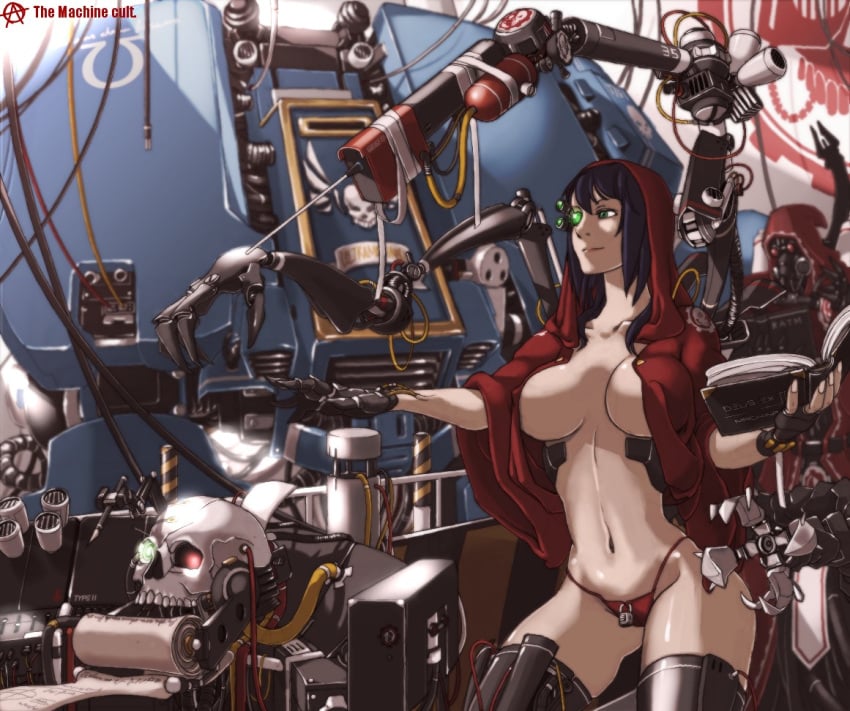 1girls 2boys adeptus_astartes adeptus_mechanicus big_breasts book breasts circle_a cleavage cyborg dreadnought_(warhammer_40k) english_text female hood imperium_of_man mechanical_arm mostly_nude multiple_boys open_clothes open_shirt panties partially_clothed robotic_arm servo-skull shirt skull skull_probe space_marine tactical_dreadnaught techpriest text thighhighs ultramarines underwear warhammer_(franchise) warhammer_40k