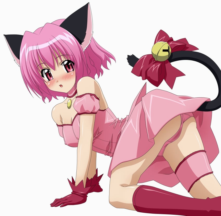 all_fours animal_ears arm_garter ass bell blush bow cat_ears cat_tail choker female garters gloves highres ichigo_momomiya jingle_bell jinglebell leotard magical_girl mew_ichigo panties pink_eyes pink_hair pink_panties short_hair solo sugimura_tomokazu tail tail_bell tokyo_mew_mew underwear