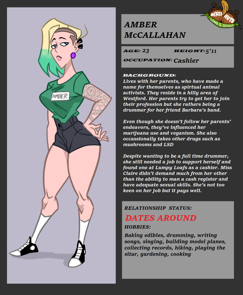 amber_mccallahan_(wappah) big_ass black_shorts blonde blonde_hair colored_hair ear_piercing earring employee employee_uniform female female_only hand_on_hip information original original_character serious_look shaved_side shorts small_breasts solo thick_thighs wappah white_socks