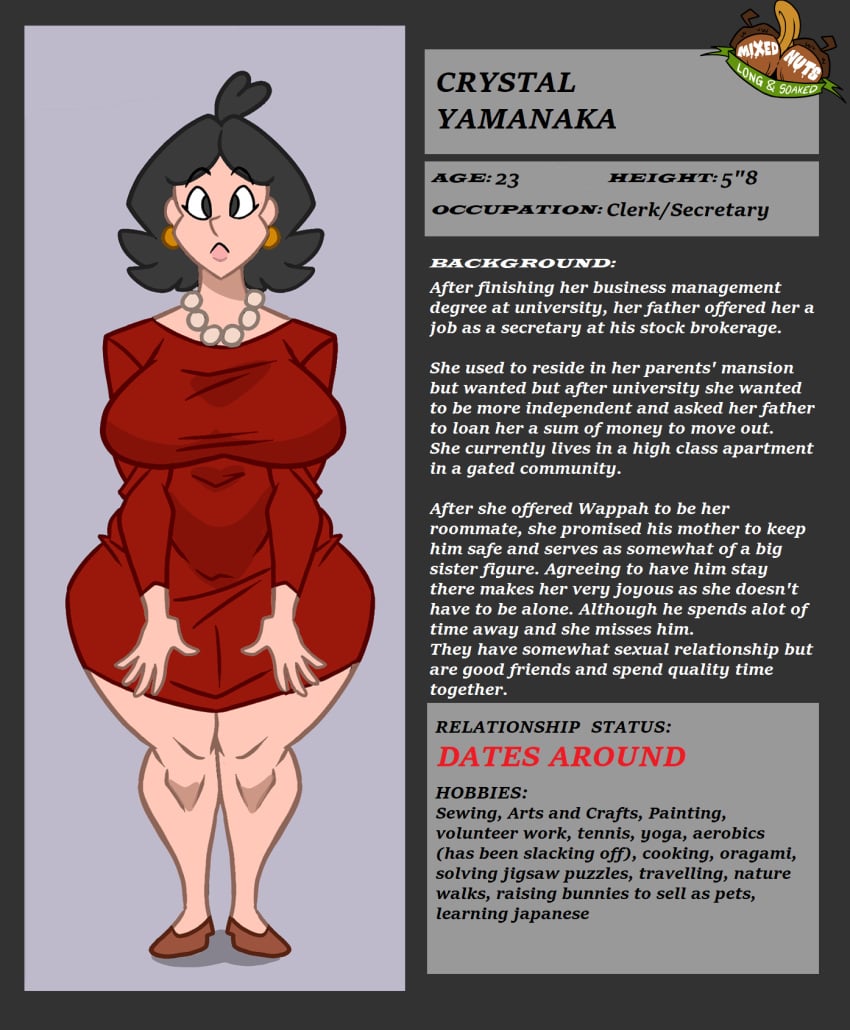 1girls big_ass big_breasts black_eyes black_hair busty character_profile character_sheet crystal_yamanaka_(wappah) earrings female female_only flats information necklace oc original original_character slightly_chubby solo solo_female voluptuous wappah wide_hips