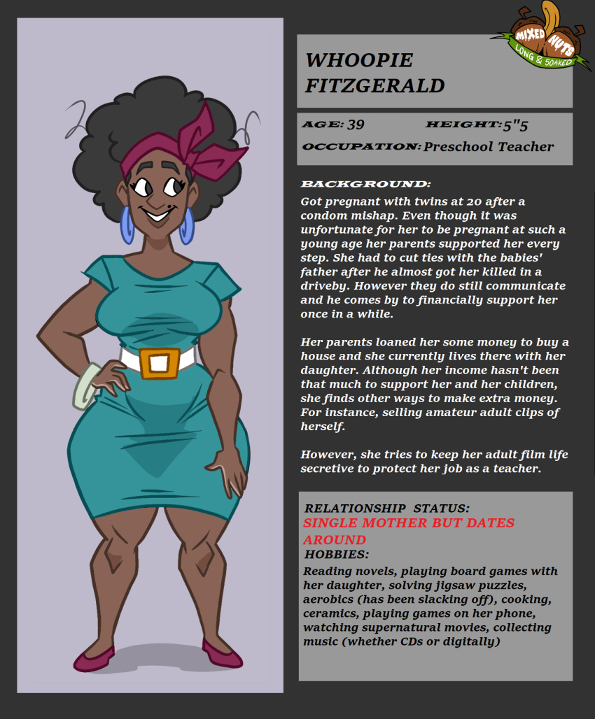 1girls afro beauty_mark big_breasts black_eyes black_hair character_profile curly_hair dark-skinned_female dress earring female female_only flats looking_right milf mole_above_mouth original original_character smiling solo thick_thighs wappah whoopie_fitzgerald_(wappah) wide_hips