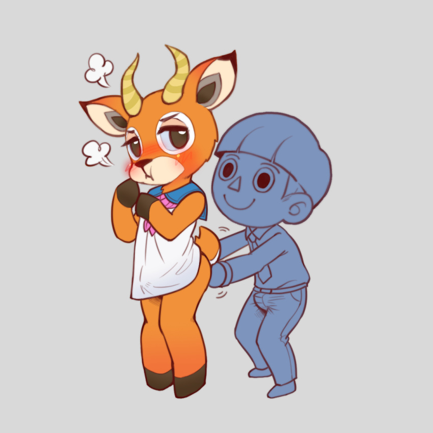 1:1 animal_crossing anthro ass beau_(animal_crossing) blush bottomless bowl_cut butt_grab cervid clothed clothing duo embarrassed furry hand_on_butt hooves horn human male male/male mammal menhou nintendo school_uniform tsundere uniform video_games villager_(animal_crossing)