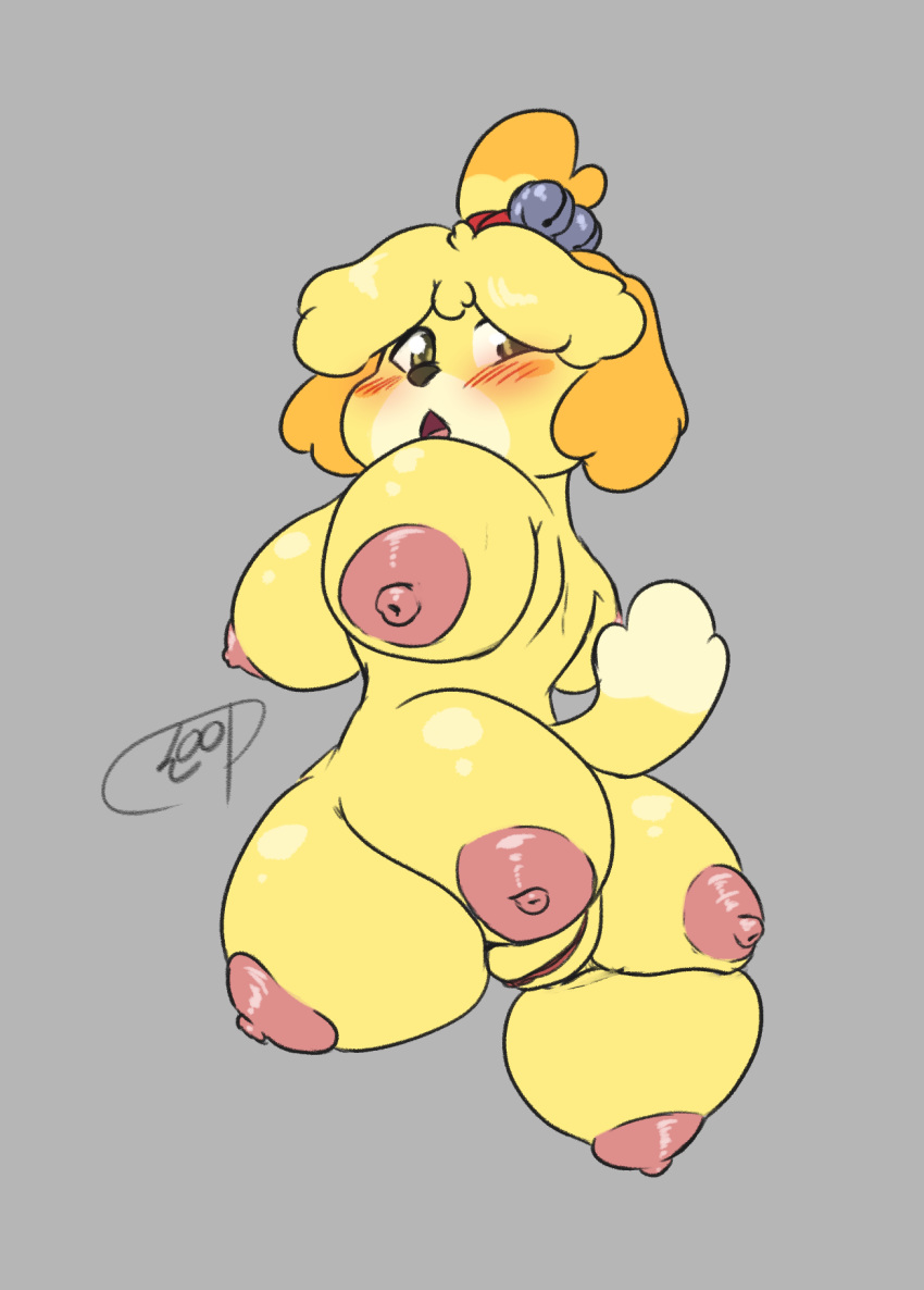 animal_crossing big_breasts blush body_horror breasts canid canine canis domestic_dog female fur genitals grotesque hi_res isabelle_(animal_crossing) mammal multi_breast nintendo nude pussy reddalek video_games yellow_body yellow_eyes yellow_fur