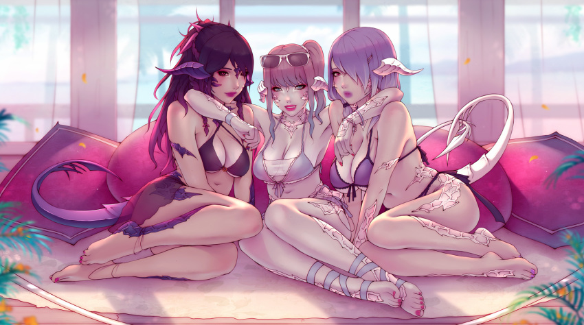 3girls armpits au_ra bikini breasts cleavage female female_only final_fantasy final_fantasy_xiv looking_at_viewer raen soranamae xaela