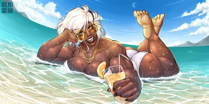 1girls absurdres ass barefoot big_ass big_breasts breasts dark-skinned_female dark_skin feet female female_only highres large_breasts looking_at_viewer mikestration one-piece_swimsuit shale_ardloss solo swimsuit toes