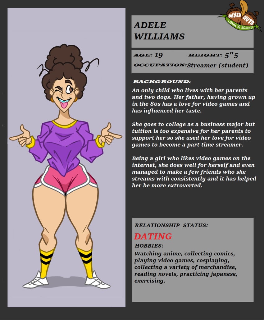 adele_williams_(wappah) big_ass biracial black_hair braces character_sheet curly_hair female female_only gym_shorts information one_eye_closed original original_character pink_shorts socks solo thick_thighs tongue_out topknot wappah wide_hips yellow_socks