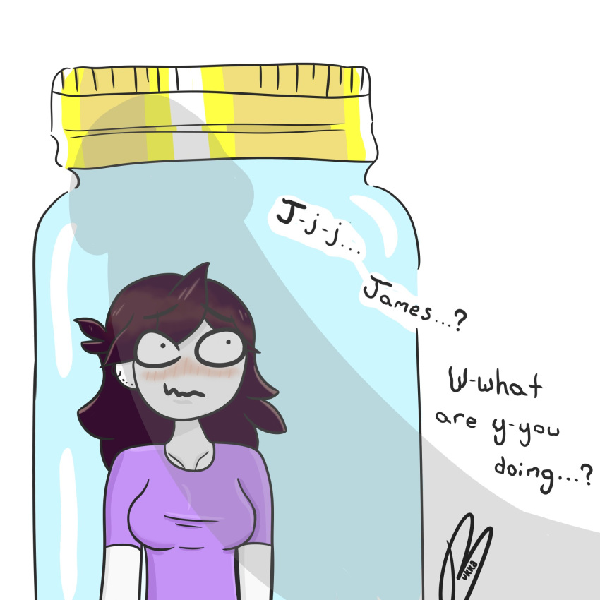 1girls affinityreject blush bukkataro clothed cum_jar cum_jar_(meme) female gigantic_penis huge_cock huge_penis implied_cum_jar in_container jaiden jaiden_animations jaidenanimations jar meme minigirl nervous obama_cock_vore penis_shadow scared theodd1sout trapped youtube youtuber