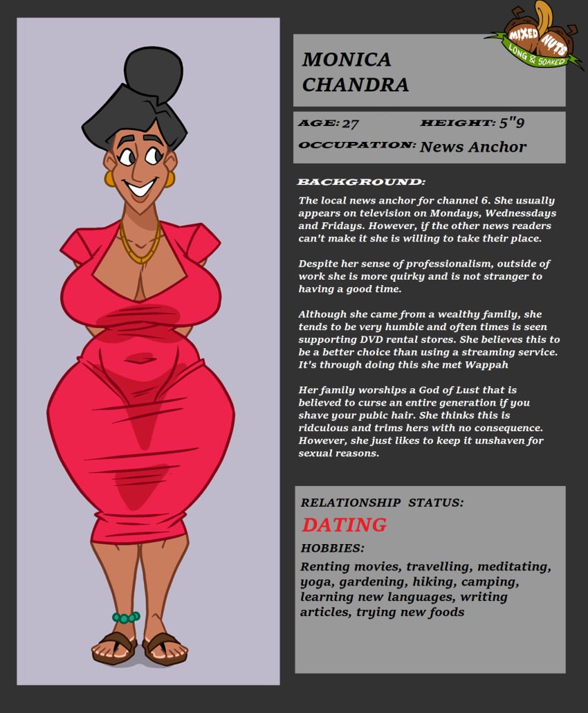 1girls big_ass big_breasts black_eyes black_female black_hair busty character_profile character_sheet dark-skinned_female dress earrings female female_only indian information monica_chandra_(wappah) necklace oc original original_character sandals slightly_chubby smiling solo solo_female topknot voluptuous wappah