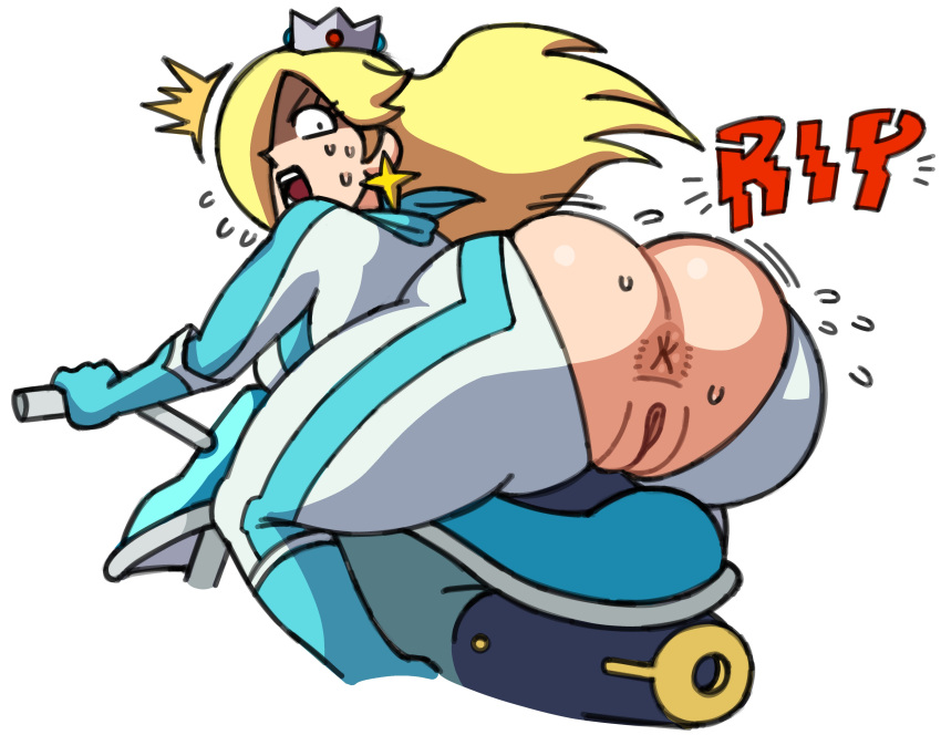 1girls accidental_exposure anus ass ass_focus big_ass bike biker_clothes bikesuit blonde_hair bodysuit bubble_butt butthole cam_(artist) crown goldsden hi_res long_hair mario_(series) mario_kart motorcycle nintendo princess_rosalina pussy ripped_bodysuit ripped_clothing skin_tight solo surprised sweat sweaty sweaty_butt tearing_open_bottoms tight_clothing torn_clothes torn_open_bottoms wardrobe_malfunction