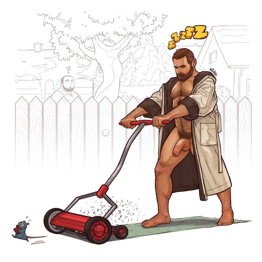 2boys asleep beard chest_hair clothed clothing dressing_gown facial_hair garden gay grass lawnmower male male_only mouse nickie_charles outdoors penis pubic_hair sleep_walking sleeping zzz