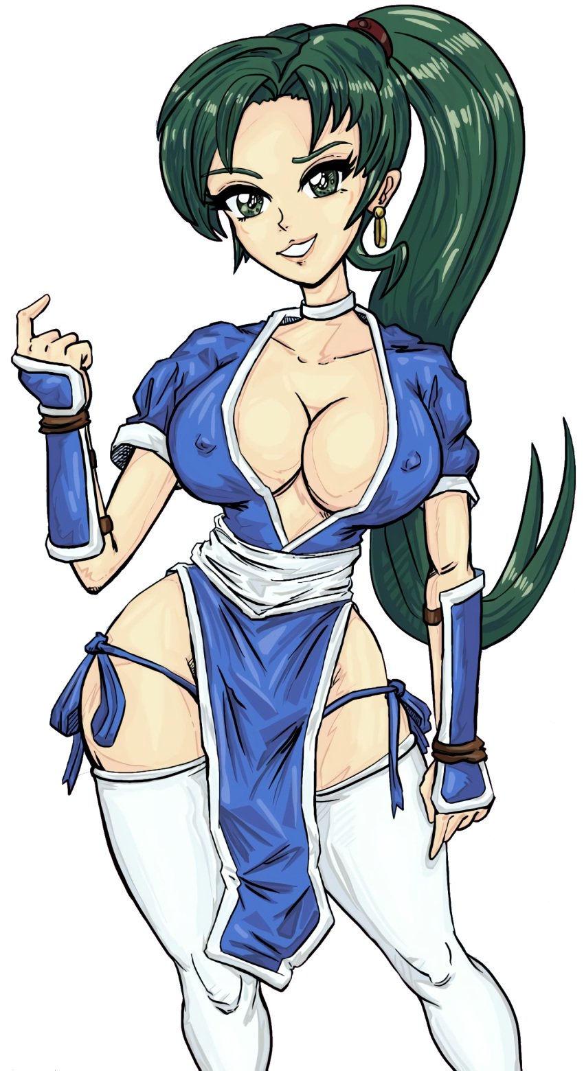 breasts cleavage cosplay crossover dead_or_alive earrings erect_nipples female fire_emblem fire_emblem:_the_blazing_blade green_eyes green_hair jewelry kasumi_(doa) kasumi_(doa)_(cosplay) large_breasts long_hair looking_at_viewer lyn_(fire_emblem) lyndis_(fire_emblem) matching_hair/eyes naughty_face nintendo no_bra no_panties no_underwear ponytail redfoil revealing_clothes seductive_smile smile solo thighhighs