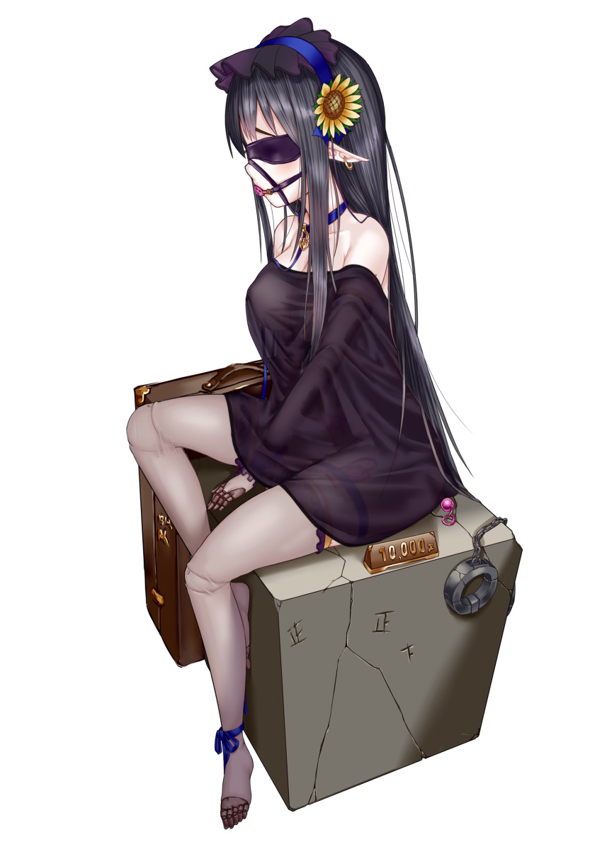 anal_beads ankle_ribbon ball_gag black_hair blindfold bonnet chains collar doll_joints ear_piercing elf female hair_ornament hair_ribbon heart-shaped_pupils long_ears long_hair open_mouth price prosthetic_arm prosthetic_leg prosthetic_limbs see_through shackles simple_background stockings suitcase tagme tally_marks vibrator yakou_(4507770)