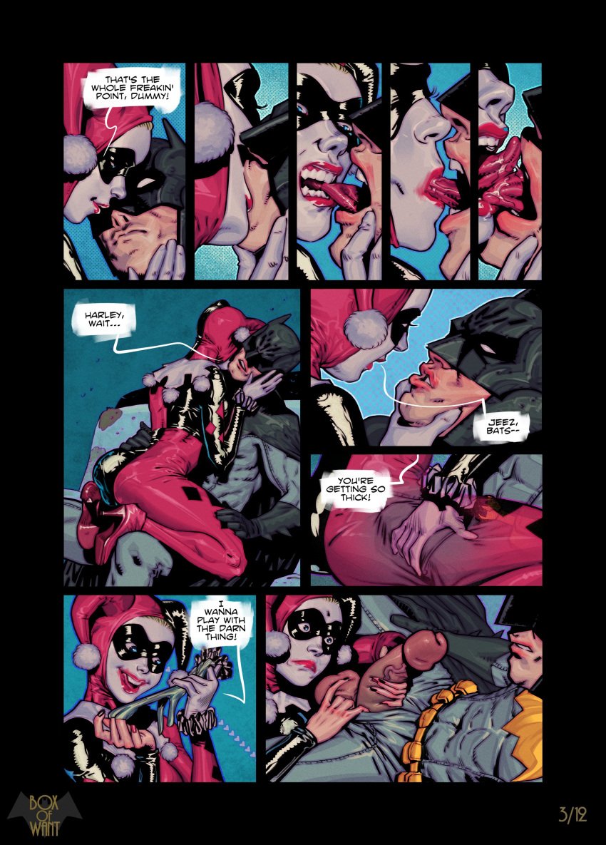 1boy 1girls ankle_boots batman batman_(series) batquinn big_breasts big_penis biting_tongue black_nails blonde_hair blue_eyes bodysuit boots boxofwant bruce_wayne clothed_female comic comic_page dc dc_comics domino_mask english_text female french_kiss groping_through_clothes harley_quinn harley_quinn_(classic) high_heel_boots high_heels jester_cap kissing kissing_neck light-skinned_male lipstick lipstick_marks lipstick_smear makeup male nail_polish page_3 page_number red_nails sitting_on_lap straight taking_off_glove tongue tongue_kiss