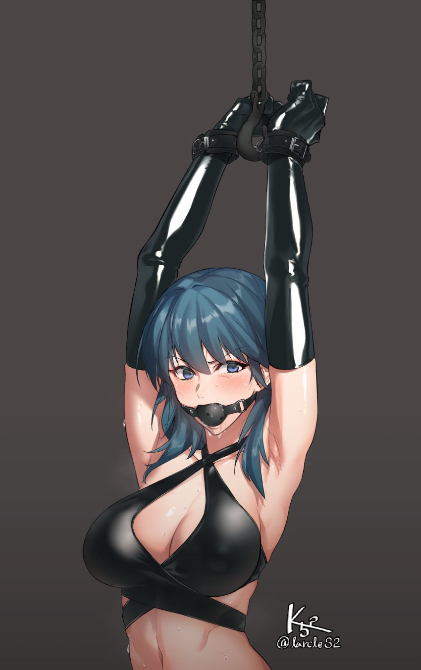 1girls armpits arms_above_head arms_up ball_gag bdsm belly_button bikini_top black_bikini_top blue_eyes blue_hair blush bondage breasts byleth_(fire_emblem) byleth_(fire_emblem)_(female) chained chains cleavage criss-cross_halter dildo dildo_gag dildo_in_mouth elbow_gloves female femsub fire_emblem fire_emblem:_three_houses gag gagged gloves halterneck handcuffs hands_tied heavy_breathing highres hook k52 large_breasts latex latex_elbow_gloves latex_gloves latex_suit light_blush long_gloves looking_at_viewer midriff navel nintendo redboylover98 saliva sex_toy short_hair sidelocks slave solo submissive_female sweat sweating swimsuit_top teal_hair tied_up wrist_cuffs