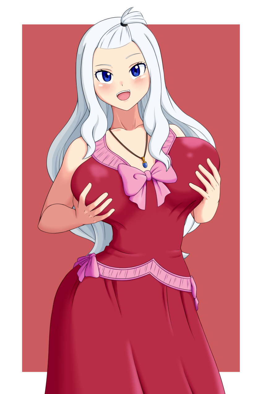 1girls big_breasts blue_eyes blush breast_grab breast_squeeze busty clothed clothing dress fairy_tail female female_only fondling fully_clothed kai-too large_breasts long_dress long_hair mirajane_strauss necklace open_mouth pale-skinned_female pale_skin pose posing sleeveless smile smiling solo standing white_hair