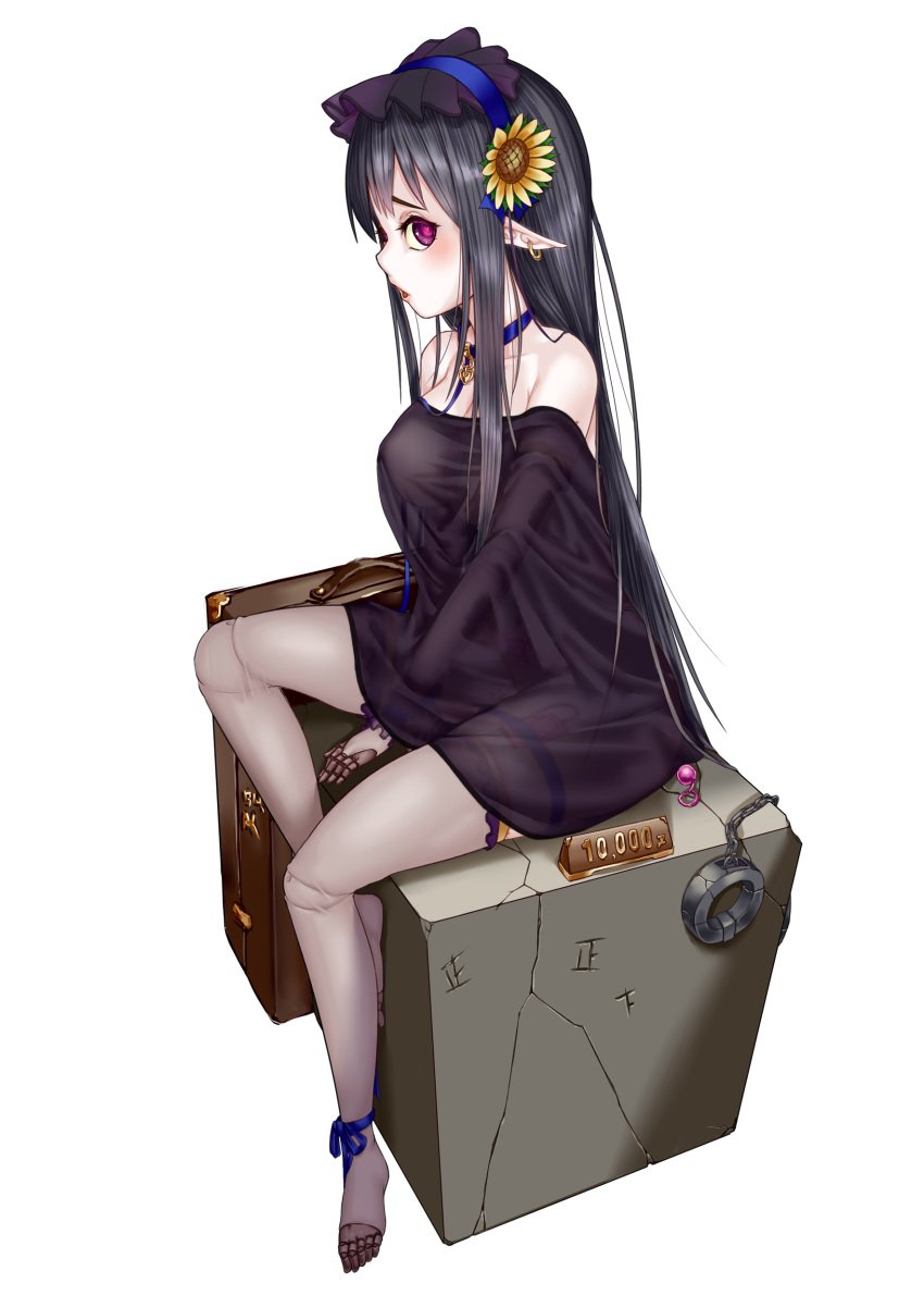 anal_beads ankle_ribbon black_hair bonnet chains collar doll_joints ear_piercing elf female hair_ornament hair_ribbon heart-shaped_pupils long_ears long_hair open_mouth price prosthetic_arm prosthetic_leg prosthetic_limbs see_through shackles simple_background stockings suitcase tagme tally_marks vibrator yakou_(4507770)