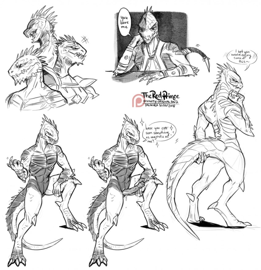 animal_genitalia anthro ass beckoning bodily_fluids clothed clothing dialogue divinity:_original_sin_2 divinity_(series) erection frill_(anatomy) furikake genital_fluids genital_slit genitals gesture head_crest head_frill hi_res lizard_(divinity) male male_only multiple_images nude penis precum presenting presenting_hindquarters presenting_penis reptile scales scalie slit solo tail_aside tail_grab the_red_prince unusual_genitalia unusual_penis