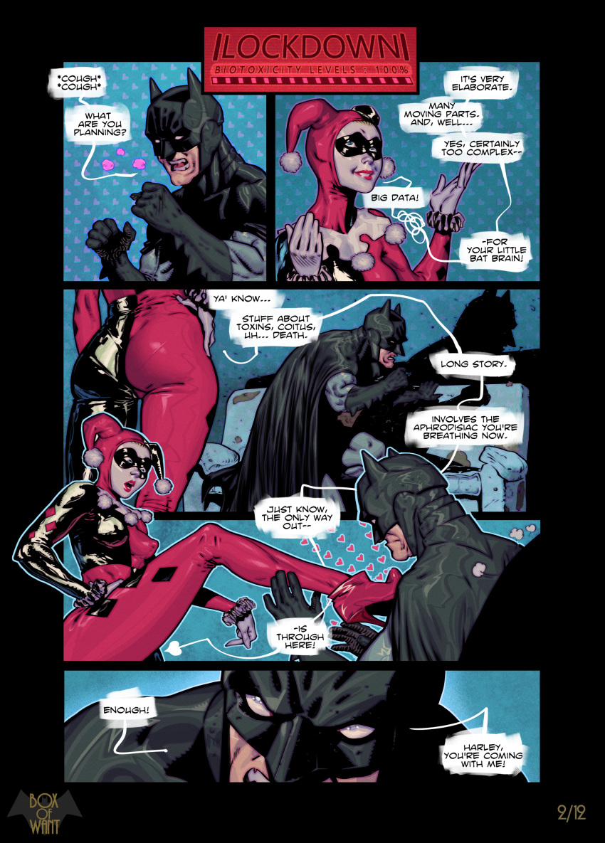 1boy 1girls ankle_boots batman batman_(series) batquinn big_breasts blue_eyes bodysuit boots boxofwant bruce_wayne clothed_female comic comic_page dc dc_comics dialogue domino_mask english_text female foot_on_chest harley_quinn harley_quinn_(classic) hearts high_heel_boots high_heels jester_cap makeup male page_2 page_number sofa straight text