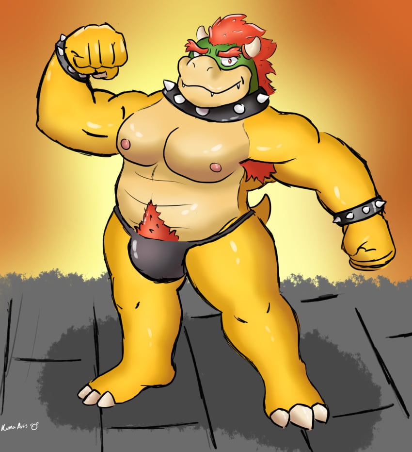 anthro armpit_hair black_jockstrap body_hair bowser bracelet clothing collar hi_res jewelry jockstrap koopa kuma-arts male male_only mario_(series) nintendo scalie slightly_chubby solo spiked_bracelet spiked_collar spikes underwear video_games