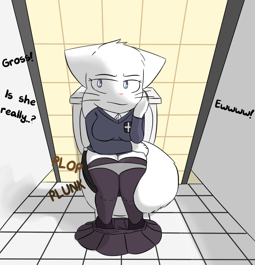 2020 absurd_res annoyed anthro bathroom biped bittersweet_candy_bowl blue_eyes bottomwear breasts clothed clothing digital_media_(artwork) domestic_cat english_text feces felid feline felis female footwear fur grey_clothing grey_panties grey_underwear hi_res implied_scat legwear lucy_(bcb) mammal notmypornaccount panties pants_around_ankles pants_down partially_clothed scat school_uniform shoes sitting skirt solo sweater teenager text thigh_highs toilet toilet_use topwear underwear uniform webcomic white_body white_fur young