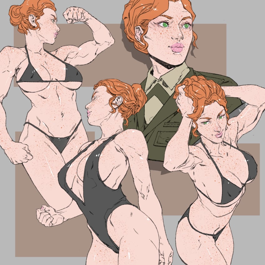 1girls 2020 biceps bikini bikini_bottom bikini_top blue_eyes breasts cleavage clothing collar female female_focus freckles green_eyes hair_bun legs luigi_teruel military_uniform muscular muscular_female original_character pale-skinned_female rags_(comic) red_hair regina_ragowski solo solo_female swimsuit usmc