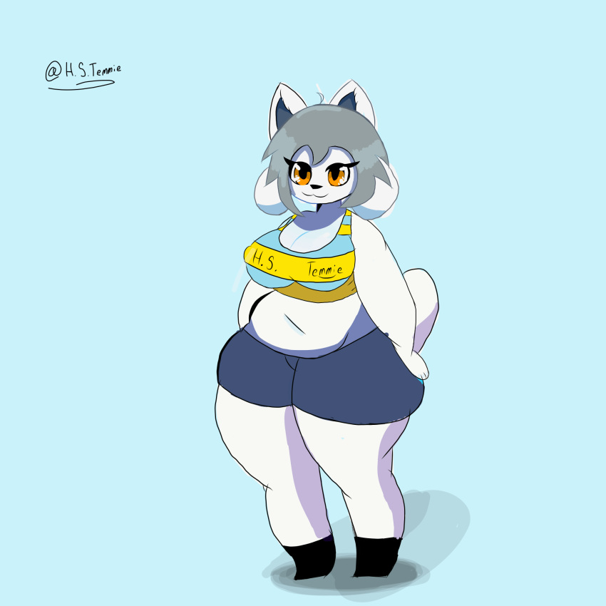 1girls anthro blue_background breasts cleavage female furry h-s-temmie orange_eyes simple_background slightly_chubby tagme temmie temmie_(undertale) thick_thighs thighs undertale white_fur