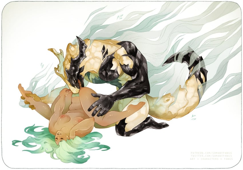 2020 ambiguous_gender anthro black_body breasts closed_eyes cunnilingus dragon duo elemental_creature female female/ambiguous genitals green_hair hair hand_on_leg hand_on_neck human human_on_anthro interspecies kneeling larger_ambiguous larger_anthro lying mammal mineral_fauna nipples on_back oral pubes pussy rock rock_creature sex simple_background size_difference smaller_female smaller_human smoke somanyfangs spread_legs spreading teratophilia vaginal_penetration wingless_dragon