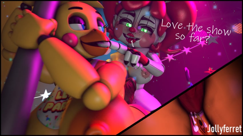 3d anal anal_sex animatronic animatronics baby_(fnafsl) biting_finger blue_eyes chicken circus_baby circus_baby_(fnaf) clown dickgirl_penetrating female finger_in_mouth five_nights_at_freddy's five_nights_at_freddy's:_sister_location furry futa_on_female futa_with_female futanari green_eyes intersex jollyferret penetration pink_hair robot robot_girl show so87baby stripper stripper_pole summer_of_87_baby toy_chica_(fnaf)