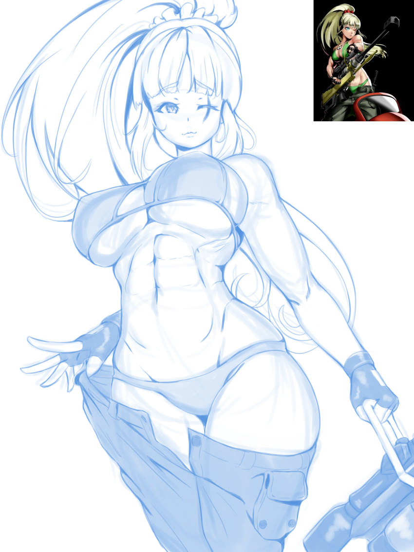 bra dragunov_(metal_slug) looking_at_viewer metal_slug metal_slug_attack muscular_female panties pants_down ponytail scar sketch snk