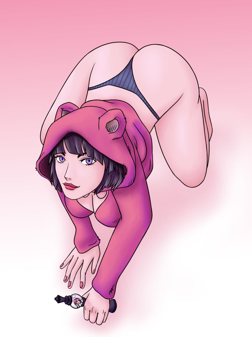 1girls ass big_ass big_breasts black_hair bottomless breasts california_king_bed clothed clothing daiya_higashikata fake_animal_ears female female_focus female_only hat jojo's_bizarre_adventure jojolion light-skinned_female light_skin nutkingcall panties presenting short_hair solo_female solo_focus thick_thighs thong wide_hips yasuho_hirose