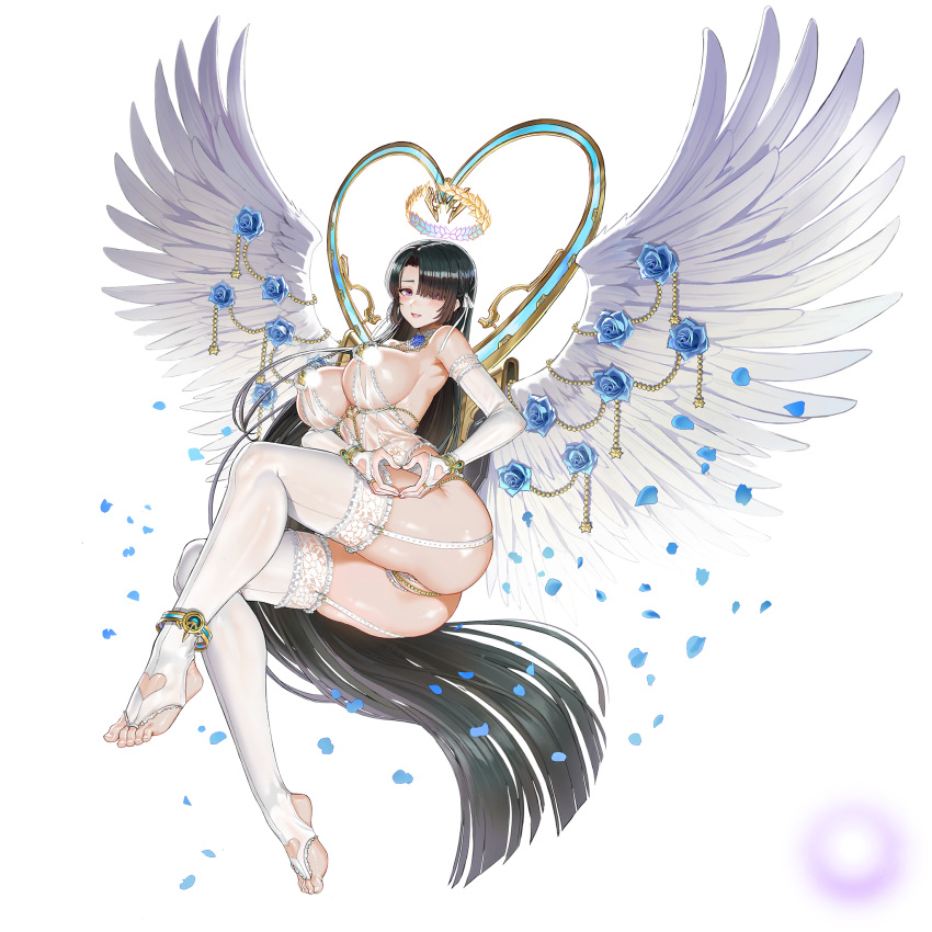 angel angel_wings azazel_(last_origin) black_hair crown highres jewelry lace last_origin long_hair official_art stockings taesi transparent_background wings