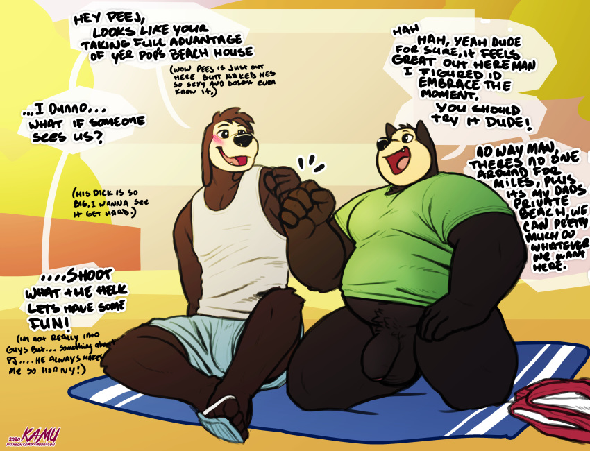 2boys absurd_res anthro balls bottomless canid canine canis casual_nudity clothed clothing disney domestic_cat domestic_dog duo english_text felid feline felis fist_bump flaccid foreskin gay genitals gesture goof_troop hi_res male male/male male_only mammal max_goof mazemore overweight partially_retracted_foreskin penis pj_(goof_troop) text uncut yaoi