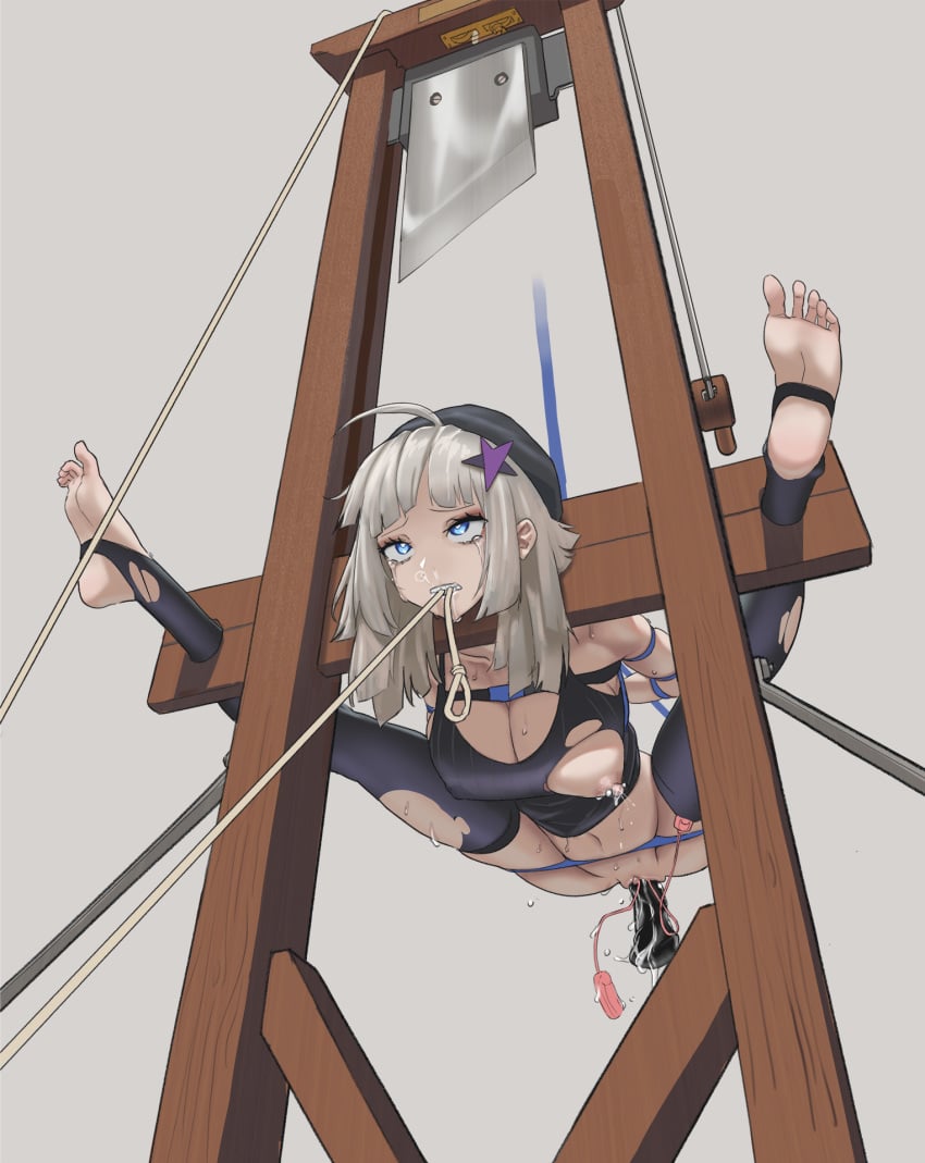 1girls aa-12_(girls'_frontline) blue_eyes bondage breasts cleavage crying dildo dozm execution feet female female_only femsub forced_orgasm girls'_frontline grey_hair guillotine hair_ornament humiliation imminent_death imminent_snuff lactation leggings nipple_piercing nipples one_breast_out peril pierced_nipples piercing predicament_bondage public_use pussy pussy_juice scared sex_toy simple_background snuff soles spread_legs stirrup_legwear sweat tears thighhighs toes torn_clothes vaginal_penetration vibrator vibrator_in_pussy white_hair