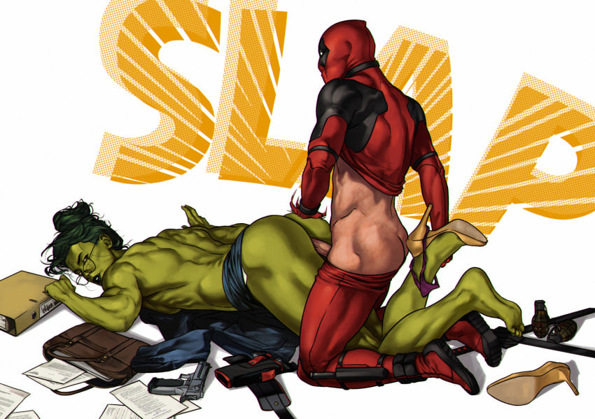 1boy 1girls anal anal_penetration anal_sex ass barefoot biceps black_hair bodysuit clothed_sex deadpool dima_ivanov dress dress_lift female from_behind from_behind_position g-string g-string_aside glasses green-skinned_female green_hair green_skin grenade gun high_heels hulk_(series) light-skinned_female light_skin long_hair lying lying_down lying_on_stomach male marvel marvel_comics mask muscles muscular_female naked_female panties penetration pistol sex she-hulk slapping_ass slapping_butt straight straight_sex tagme thigh_holster thong thong_around_one_leg thong_aside tied_hair triceps x-force x-men