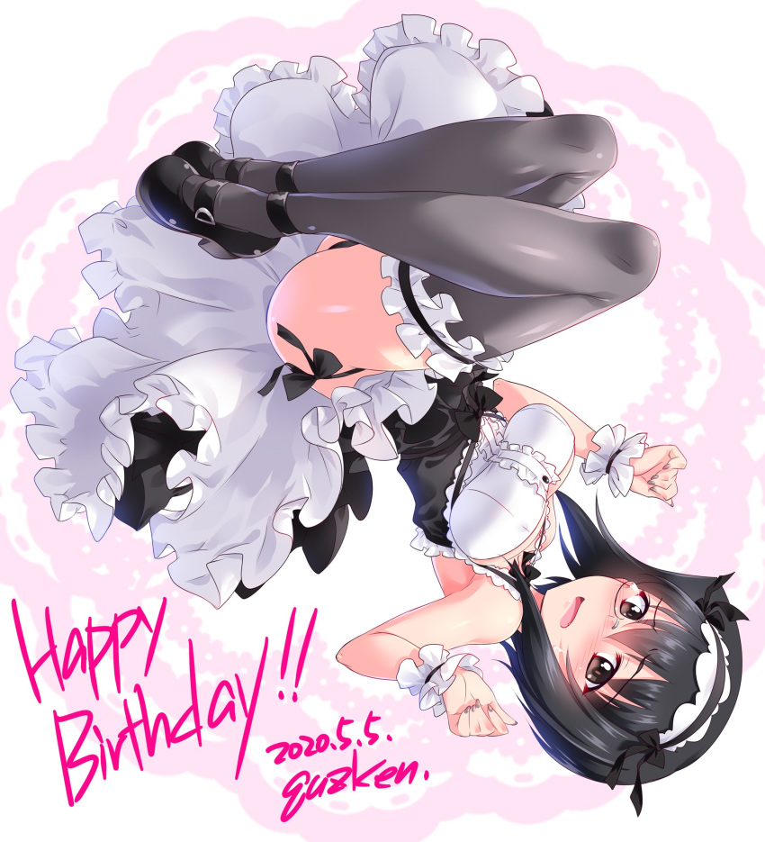 alternate_costume ass black_hair black_legwear black_panties blush bow bowtie breasts brown_eyes cute_fang dated embarrassed eyebrows_visible_through_hair female girls_und_panzer glasses happy_birthday highres kawashima_momo kuzuryuu_kennosuke large_breasts looking_at_viewer maid maid_headdress monocle open_mouth panties shiny shiny_clothes shiny_hair shiny_skin short_hair simple_background solo sweat tears thighhighs underwear wrist_cuffs