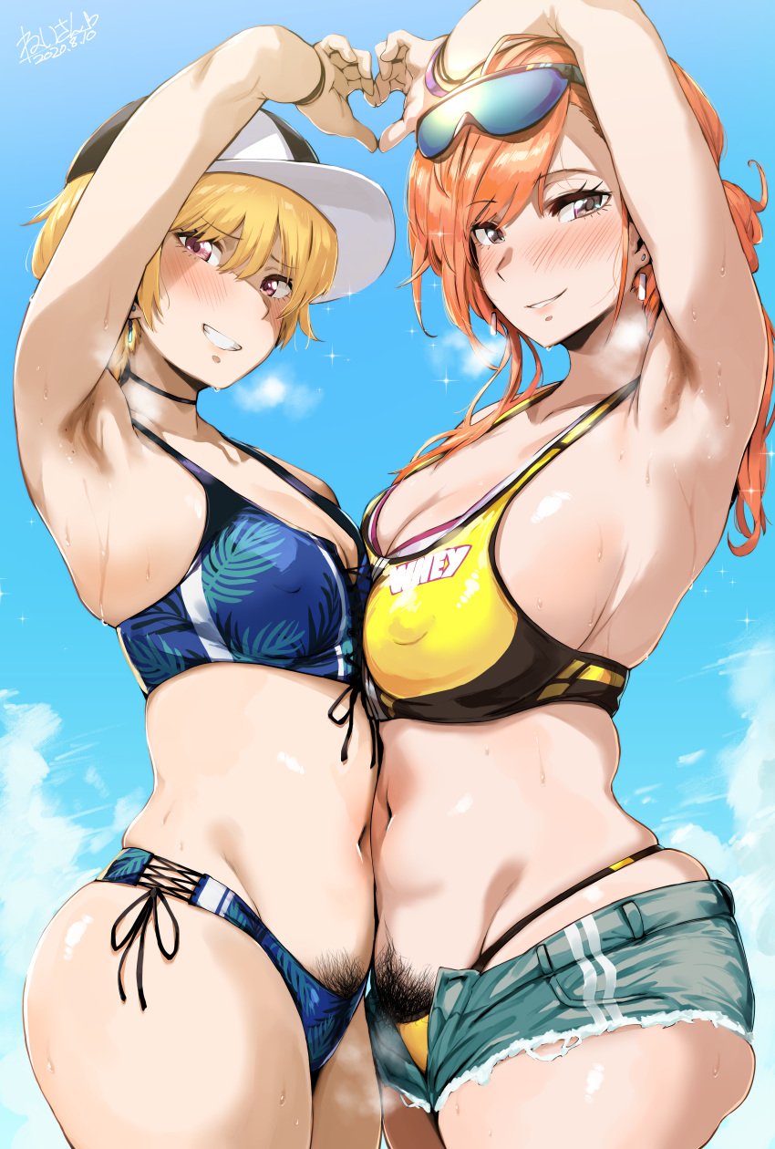 2020 2girls absurdres arisugawa_natsuha armpits artist_name artist_signature bikini blonde_hair blue_bikini blush breasts brown_eyes clenched_teeth denim denim_shorts erect_nipples erect_nipples_under_clothes excessive_pubic_hair female female_focus female_pubic_hair heart heart_hands heart_hands_duo heavy_breathing hero_neisan high_resolution highres idolmaster idolmaster_shiny_colors large_breasts looking_at_viewer mole_on_armpits multiple_girls navel orange_hair pink_eyes pubic_hair pubic_hair_peek saijou_juri shorts sideboob signature skindentation small_breasts smile steaming_body swimsuit symmetrical_docking take_your_pick very_high_resolution yellow_bikini yellow_swimsuit