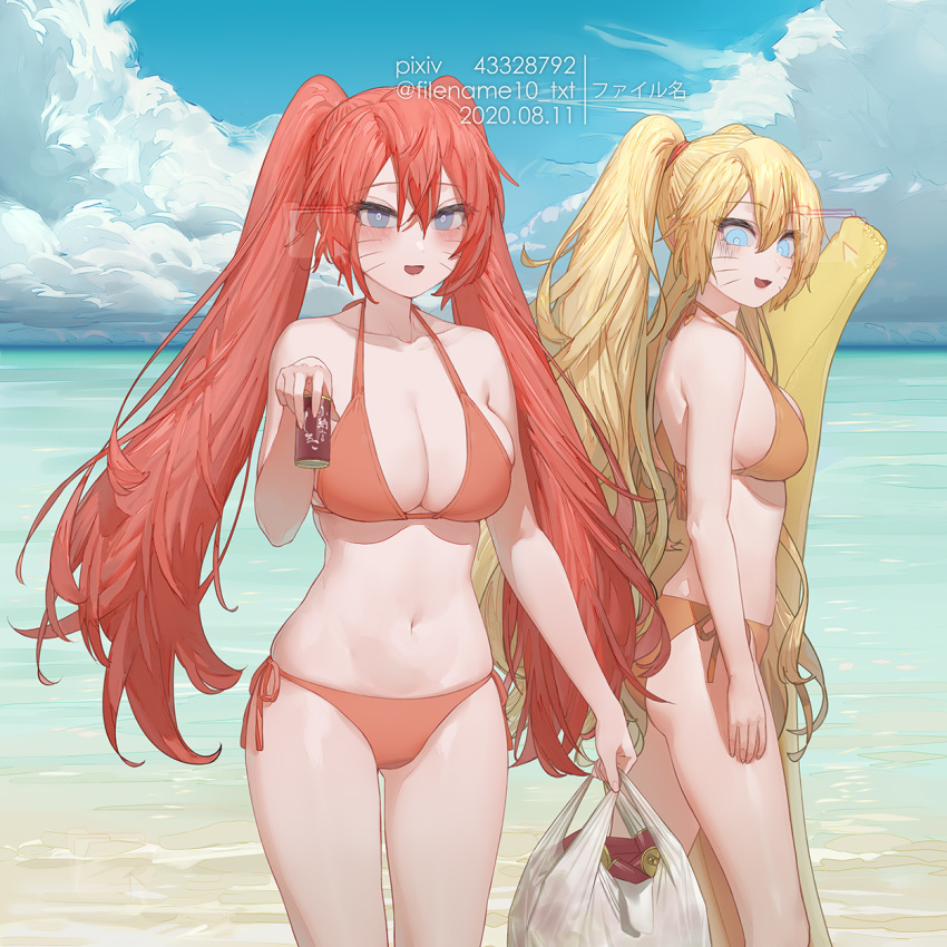 2girls bag banana beach big_breasts bikini blonde_hair blush breasts can canon_genderswap cleavage drinks facial_markings female female_only filename10_txt floater gender_transformation genderswap_(mtf) holding_object long_hair naruko naruto naruto:_road_to_ninja naruto_shippuden ocean red_hair rule_63 sand smile text tied_hair twintails url uzumaki_menma uzumaki_naruto water watermark