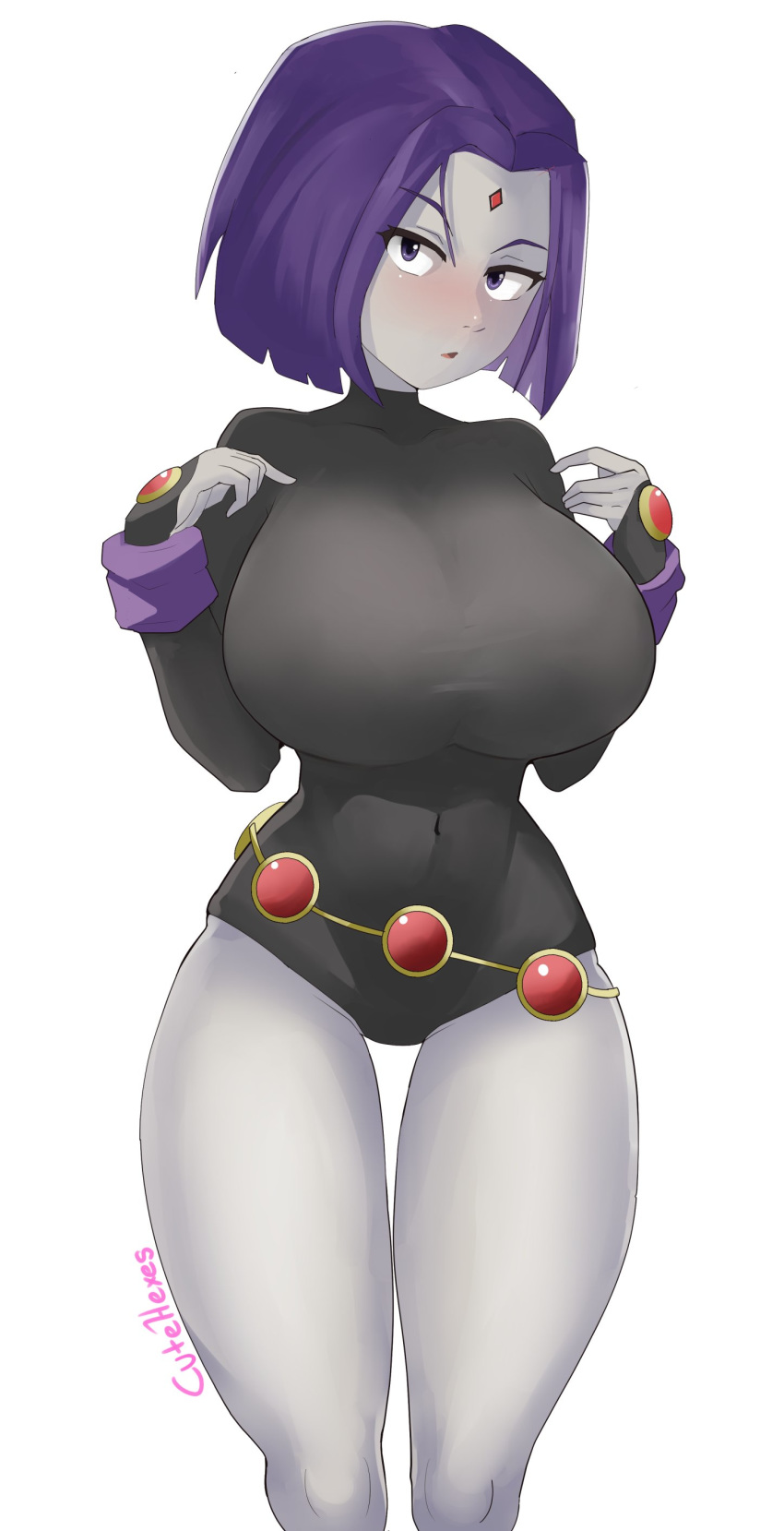 1girls big_breasts blush breasts civildreams dc dc_comics female female_only grey_background grey_skin large_breasts leotard medium_hair purple_eyes purple_hair rachel_roth raven_(dc) solo straight_hair teen_titans thick_thighs thighs wide_hips