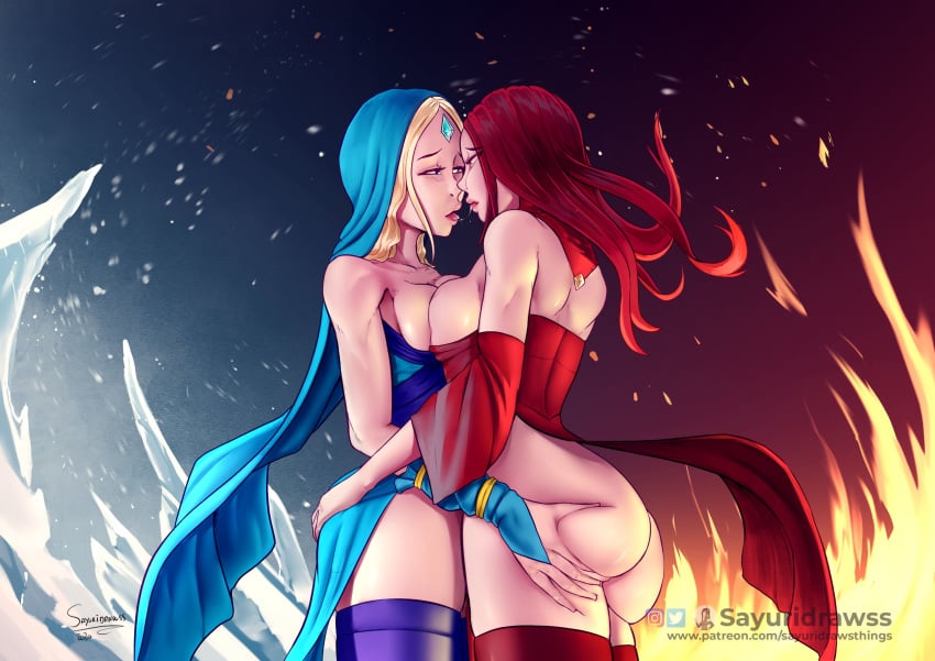 ass_grab blonde_hair breasts crystal_maiden dota_2 embrace fire ice imminent_kiss incest lina red_hair rubbing sayuridrawsthings siblings sister sisters stockings wallpaper yuri