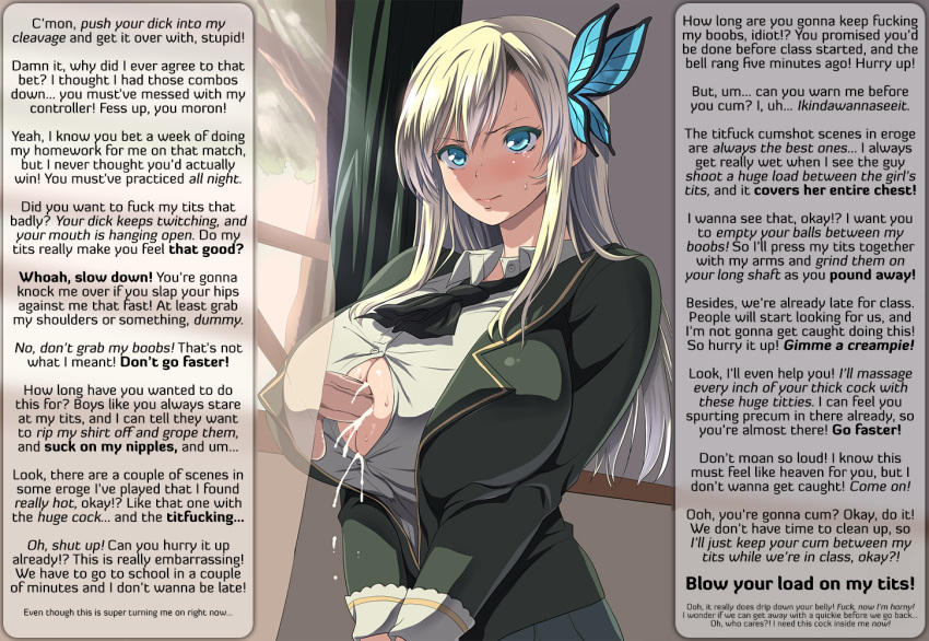 blonde_hair blue_eyes boku_wa_tomodachi_ga_sukunai caption clothed_sex cum_on_breasts haganai paizuri sena_kashiwazaki tagme wall_of_text