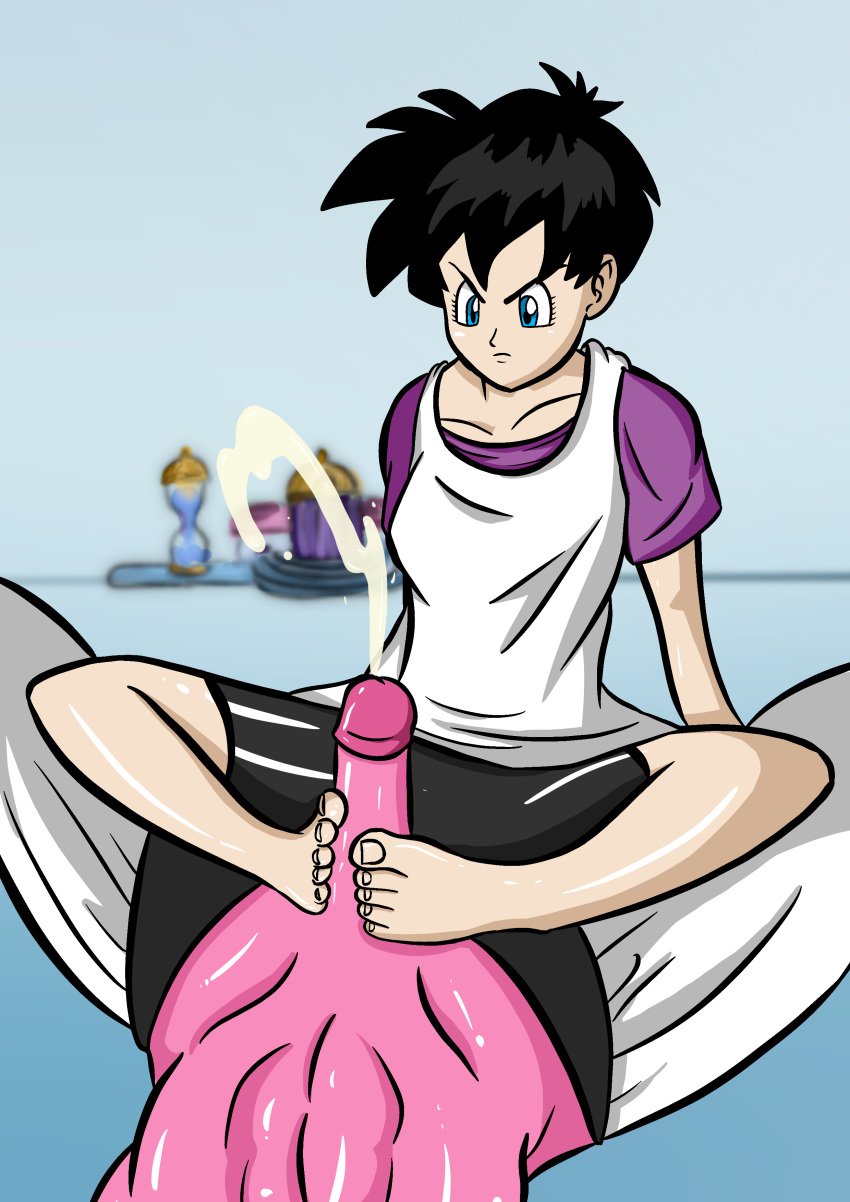 angry black_hair blue_eyes breasts clothed cum cumshot dragon_ball dragon_ball_super dragon_ball_z feet female foot_fetish footjob frown hyperbolic_time_chamber majin_buu manga monster penis sgtzdb_(artist) shiny shiny_skin toes unseen_male_face videl