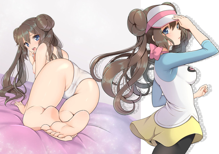 blue_eyes breasts double_bun feet looking_at_viewer looking_back medium_breasts mokorei open_mouth panties pokemon pokemon_bw pokemon_bw2 rosa_(pokemon) soles toes underwear white_panties